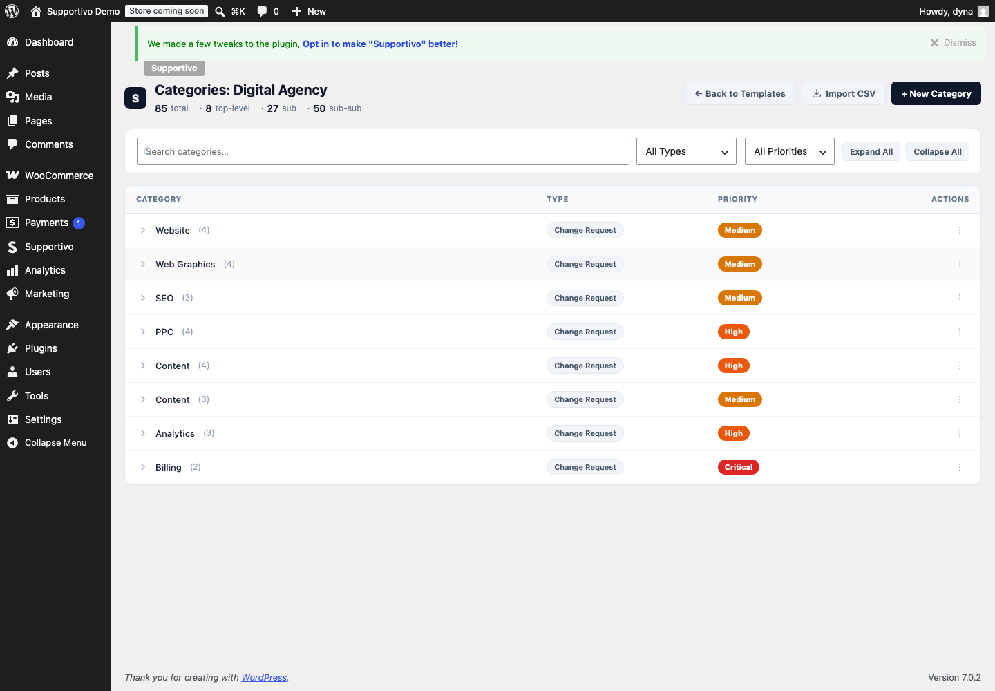 Supportivo admin screenshot: category management showing a Digital Agency template with 8 top-level categories, 27 subcategories, and 50 sub-subcategories