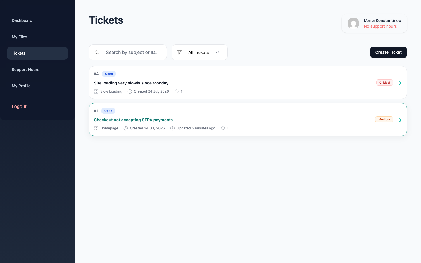 Supportivo client portal screenshot, shown in English — the same theme and templates are fully translated when the site locale is Greek